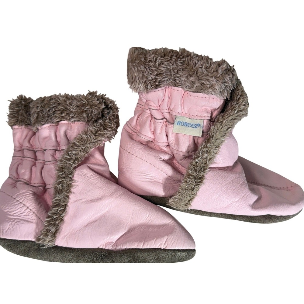 Robeez Pink Leather Faux Fur Trim Booties Soft Sole Baby Shoes 18-24 Months